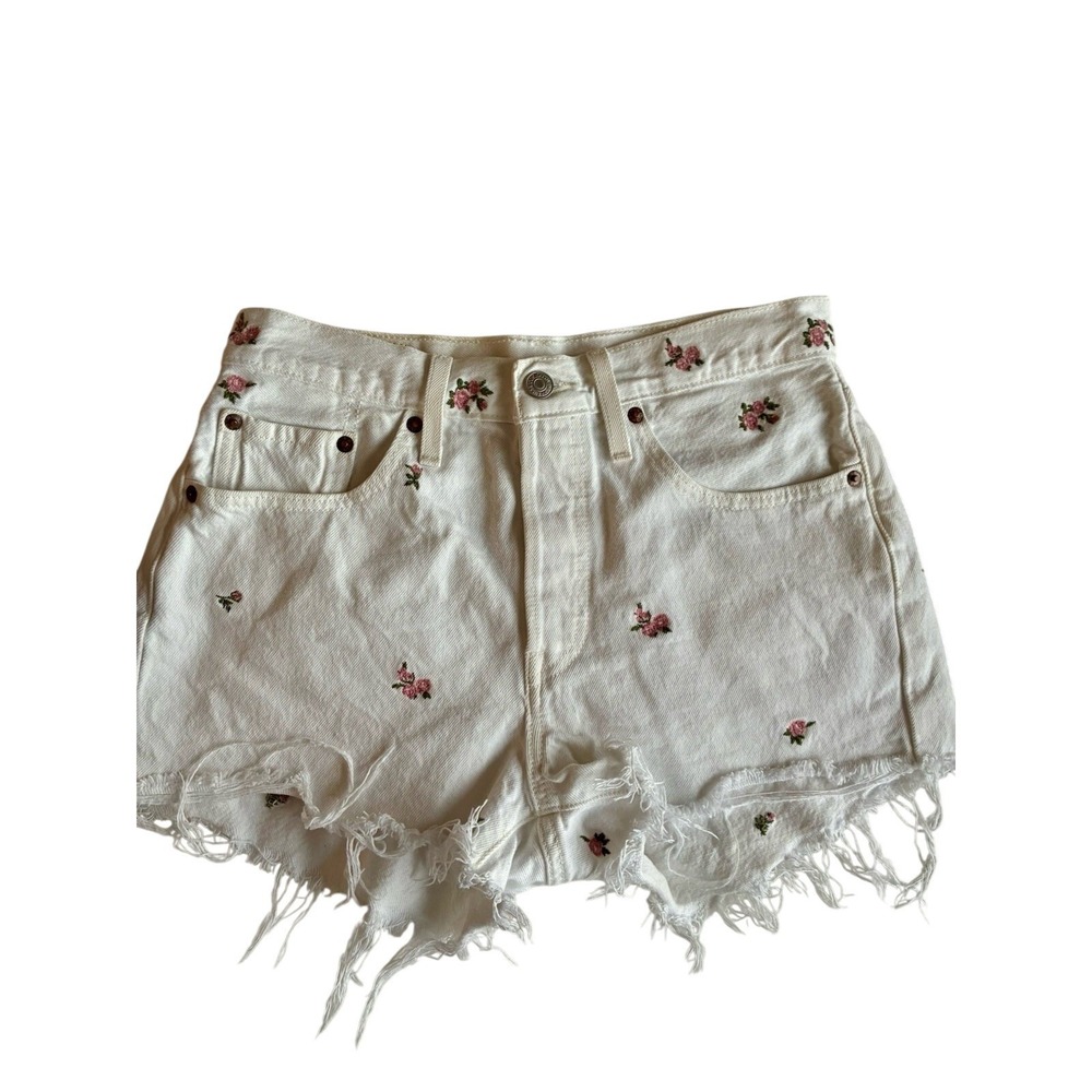 Levi's Women's 501 HighRise White Spring Shorts 27 Floral Embroidered Button Fly